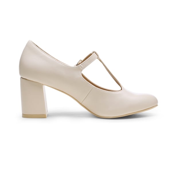 T-Strap Mary Jane Pumps with Chunky Heel - NUDE PU - 1